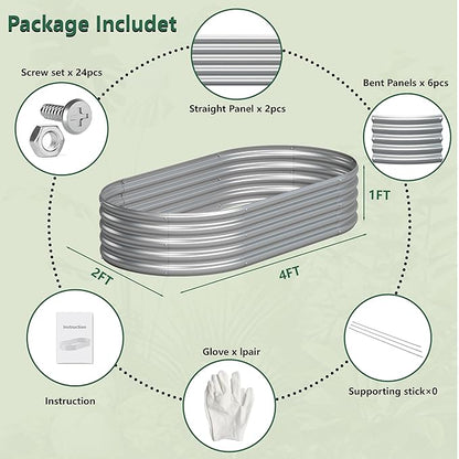 2PCS 4x2x1FT Galvanized Raised Garden Bed Kit,Vegetable Boxes-Oval Metal Flower Box,Large Planter Raised Beds Outdoor Garden for Planting,Fruit,Herb-Silver