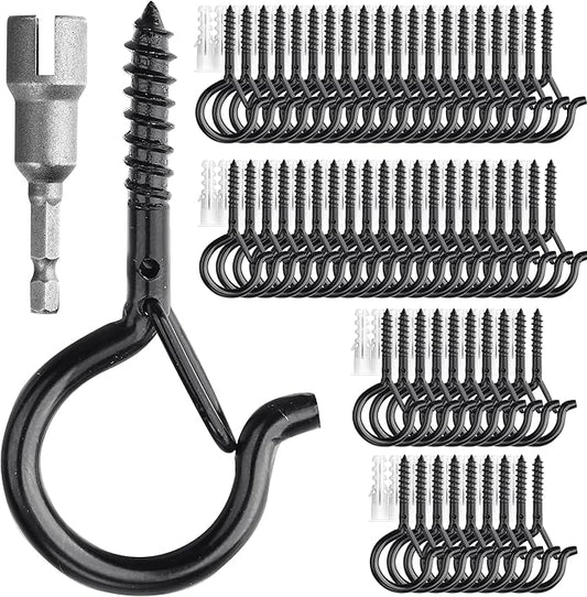 PlusRoc 60 Pack Ceiling Hooks for Hanging Plants Outdoor String Lights Heavy Duty, 2.2 Inch Eye Hook Screw in Cup Hooks Q-Hanger for Patio Lights, Wall Wood Fence Deck Mount(Black)
