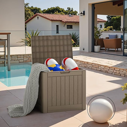 JUMMICO 42 Gallon Deck Box Waterproof, Resin Outdoor Storage Box with Side Handles, Outdoor Storage Benches Lockable for Patio Cushions and Garden Tools (Light Brown)