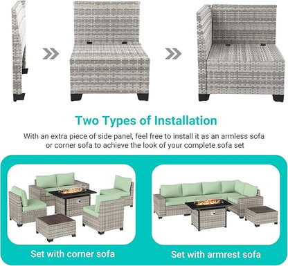 13-Piece Outdoor Patio Furniture Set with 55,000 BTU Fire Pit Table, PE Wicker Rattan Sectional Sofa Patio Conversation Set with Coffee Table, Light Green