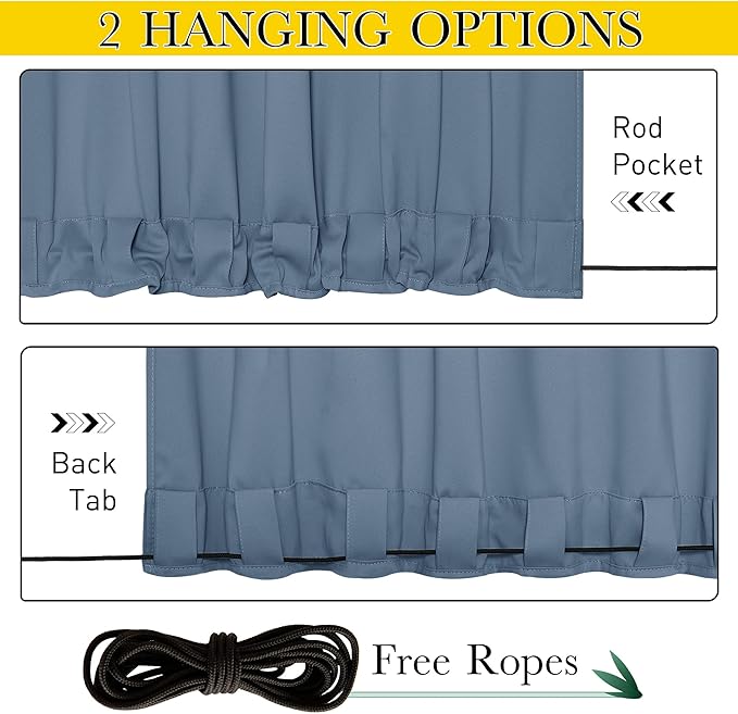 NICETOWN 2 Panels Waterproof Outdoor Curtains Fixed Grommet & Back Tab on Top & Bottom, Thermal Insulated Keep Rain & Sun Out Privacy Windproof Outdoor Draperies with Rope, W52 x L72, Stone Blue