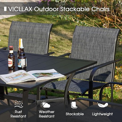 VICLLAX Patio Dining Set for 4, Alll Weather Metal Outdoor Furniture Set Includes 1 Square Outdoor Table and 4 Stackable Patio Chairs, Black Table and Dark Grey Chairs