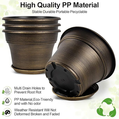 Plant Planters Pots Set of 4 Pack 11 Inch, Plastic Flower Pot For Indoor Plants With Drainage Holes & Trays, Resin Decorative Container Sets With Saucer For House Outdoor Garden Planters Dark Gold