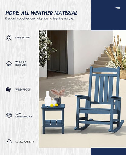 KINGYES HDPE Outdoor Rocking Chair, Widened Seat Patio Rocking Chair, Oversized All Weather Patio Rocker, Navy