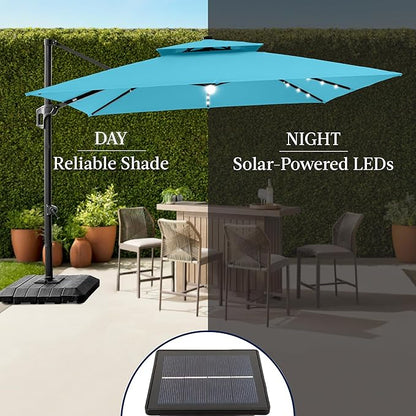 Best Choice Products 12x12ft LED Cantilever Patio Umbrella w/Base Included & 360° Rotation, Large Solar Offset Hanging Outdoor Sun Shade for Deck, Backyard Table w/Stand & Lights – Sky Blue