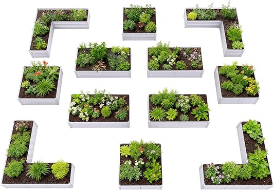 A ANLEOLIFE Set of 12 18 Inch Tall Raised Garden Beds Kit, L-Shaped, Square & Rectangular Metal Planters for Flexible Backyard Layouts, Antique White