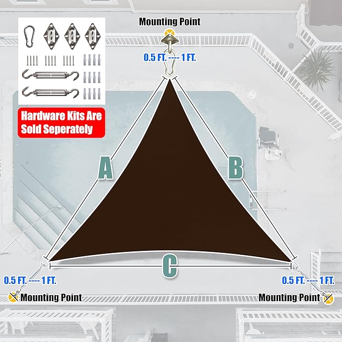 Amgo 10' x 10' x10' Brown Triangle Sun Shade Sail Outdoor Canopy Awning UPF50+ AGTAPRT12, 95% UV Blockage, Water & Air Permeable, Commercial Standard Heavy Duty (We Make Custom Size)