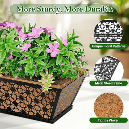 SPECILITE 30" Window Boxes Planters, Heavy Duty Metal Railing Planter Boxes, Adjustable Balcony Planters for Railing Hanging, with Coco Liner & Tool Set for Deck, Porch, and Patio Gardening (2 Pack)