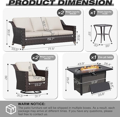 Joyside Wicker Patio Furniture Sets, 6 Pieces Upgraded Large Size Outdoor Furniture with Swivel Rocking Patio Chairs, Two 3-Seat Sofa, Fire Table, Coffee Table, Thick Cushions, Wide Armrest, Beige