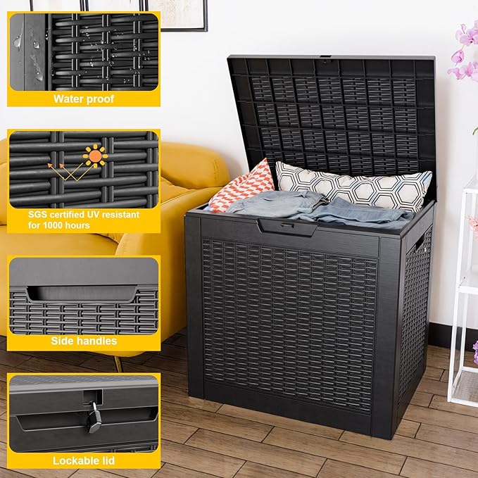 31 Gallon Waterproof Outdoor Storage Box,Resin Deck Box,Lockable Outside Storage Box Container for Patio Furniure,Garden,Pool Tools (Black)