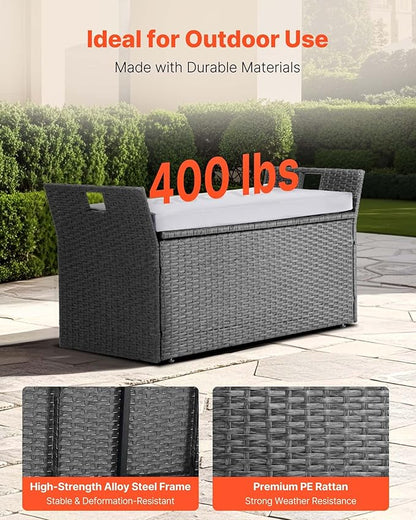 VEVOR Outdoor Storage Bench, 2-Person PE Rattan Storage Bench, 40 Gal Deck Box with Cushion & Side Handle, Supports up to 400 lbs, Weatherproof Outdoor Seating & Porch Decor for Patio Garden Balcony
