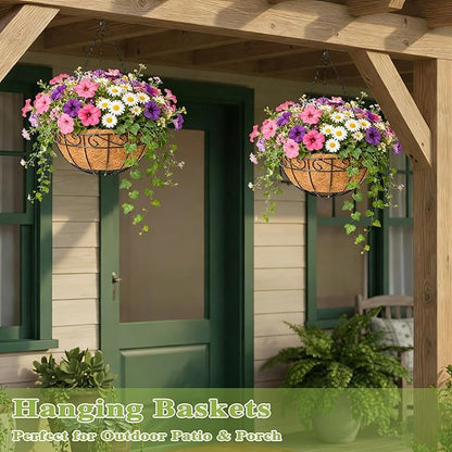 4 Pack 10 Inch Hanging Baskets for Plants Outdoor Metal Hanging Planter Hanging Flower Baskets with Coco Fiber Liners Chain Round Wire Plant Holder Hangings Flower Pots(Plaid)