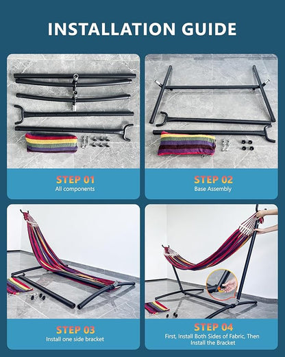 Double Hammock with Heavy-Duty Steel Stand,Portable,Easy Assembly,600lbs Weight Capacity,Perfect for Indoor,Yard,Camping,or Outdoor-Rainbow