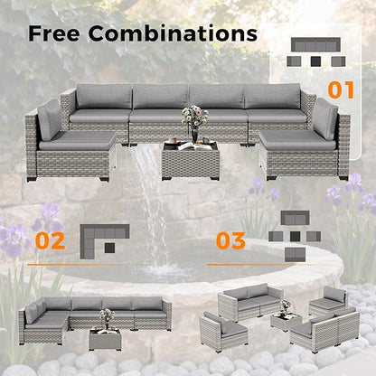 6-Seat Modular Patio Furniture Set – Outdoor Wicker Sectional Sofa with Thick 4″ Cushions, Dual-Strand PE Rattan, Rust-Resistant 18 mm Steel Frame, Backyard Garden Deck Lounge,Gray