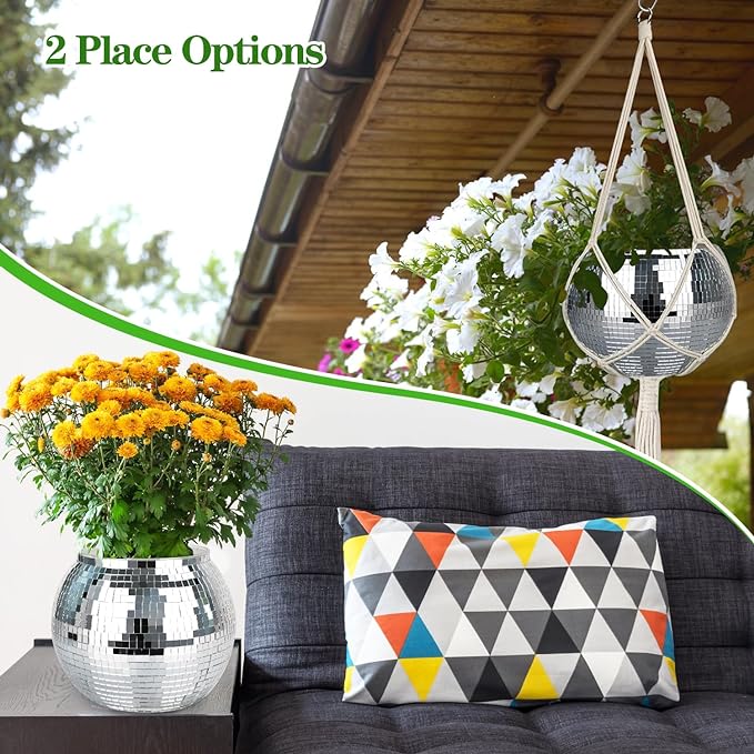 Disco Ball Planter, 1pcs 9” Silver Disco Ball Planter, Disco Ball Plant Hanger with Hanging Rope, Hanging Chain, Hook, Circle and Extra Mirror Pieces