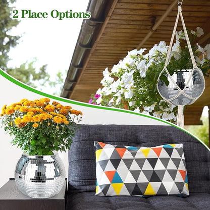 Disco Ball Planter, 1pcs 9” Silver Disco Ball Planter, Disco Ball Plant Hanger with Hanging Rope, Hanging Chain, Hook, Circle and Extra Mirror Pieces