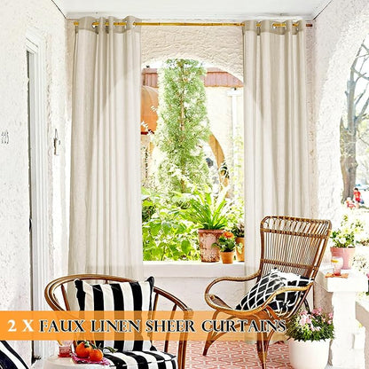 RYB HOME Outdoor Indoor Farmhouse Linen Sheer Curtains - Rustic Semi Sheer Privacy Drapes with Curtain Ropes for Patio Gazebo, 52 inch Wide x 108 inch Long, 2 Panels, Beige