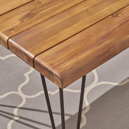 Christopher Knight Home Kama Patio Dining, Rectangular, 72", Acacia Wood Table Top, Rustic Iron Hairpin Legs, Teak Finish, Metal