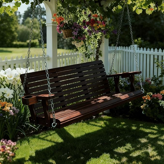 Fortune Candy Wooden Porch Swing 3-Seater, High Backrest and Deep Seat, Bench Swing with Cupholders, Hanging Chains and 7mm Springs, Heavy Duty 880 LBS (Deep Brown, 5 FT Extra Large)