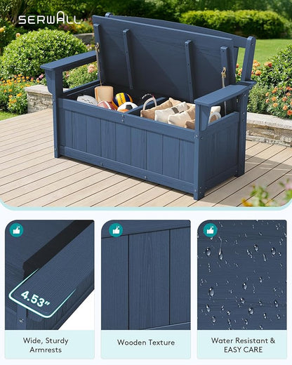 SERWALL HDPE Outdoor Storage Bench, All-Weather, UV-Resistant Deck Box with Waterproof Storage Bags, 57 Gallon Dual-Use Seat & Organizer Deck Boxes for Patio, Garden Tools & Pool (Navy Blue)