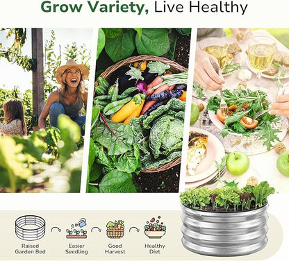GreatBuddy 2x2x1 ft Round Galvanized Raised Garden Bed, Easy-Assembly Raised Bed with Anti-Cut Gloves & Tools, Rust-Proof Garden Bed for Outdoor, Vegetables, Herbs, Small Trees, Silver
