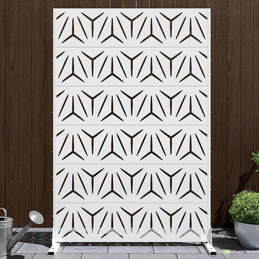 Casaphoria Metal Privacy Screen Outdoor, 72" H x 47" W Freestanding Decorative Privacy Screen for Patio Deck Balcony Garden with Stable Base, White-Star