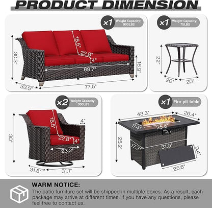 Joyside Wicker Patio Furniture Sets, 5 Pieces Upgraded Large Size Outdoor Furniture with Swivel Rocking Patio Chairs, 3-Seat Sofa, Fire Table, Coffee Table, Thick Cushions, Wide Armrest, Red