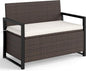 RELAX4LIFE Wicker Outdoor Bench with Storage - Rattan Deck Box w/Protective Liner for Pillows, Pool Supplies, Garden Tools, Patio Loveseat with Seat Cushion & Metal Armrests for Backyard Porch Balcony