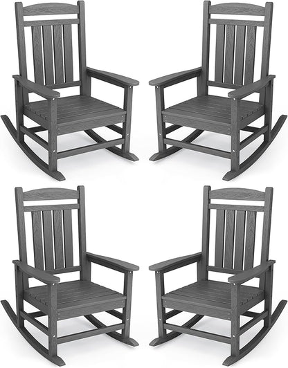KINGYES Oversized Outdoor Rocking Chair Set of 4, High Density Polyethylene Patio Rocking Chairs with 330lbs Support for Adults, Gray