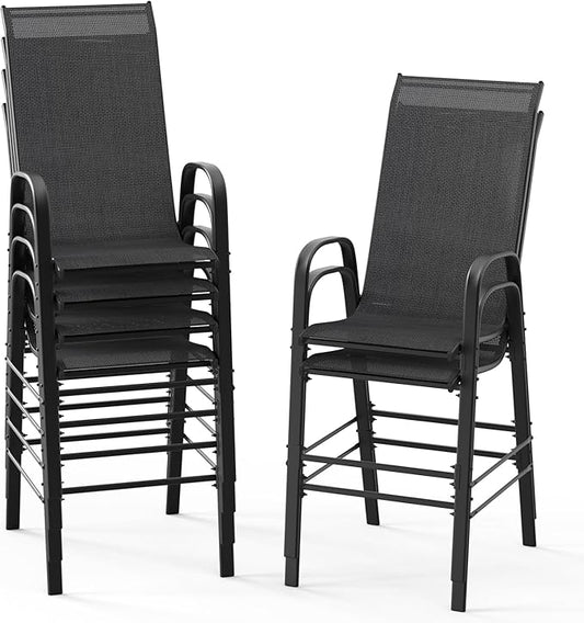 VINGLI Outdoor Bar Chairs Set of 6 – Stackable Outdoor Bar Stools with Sturdy Sling High Back and Armrests for Lawn, Courtyard, Garden, Bar, Black
