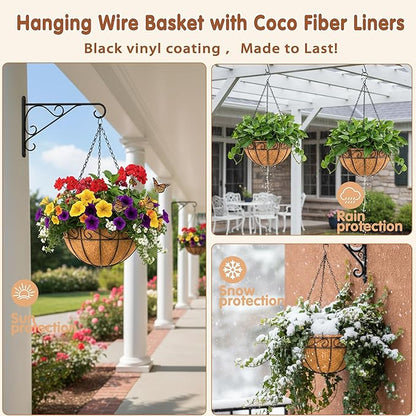 14 inch Metal Hanging Baskets For Plants Outdoor 4 Pack Round Metal Wire Hanging Basket Planter with Coco Fiber Liners Chain Round Wire Plant Holder for Garden, Patio, Deck, Porch Plants Flower Potss