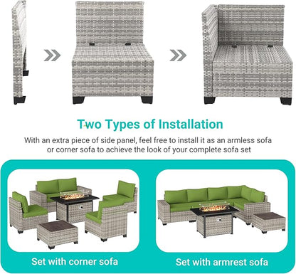 16-Piece Outdoor Patio Furniture Set with Rocking Swivel Chair, PE Wicker Rattan Sectional Sofa Patio Conversation Set with 55,000 BTU Fire Pit Table & Coffee Table, LAvocado Green