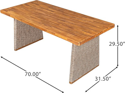 Christopher Knight Home Pasco Acacia Wood Outdoor Dining Table Set for 6, Wicker Patio Dining Set with Acacia Wood Table and Bench, Patio Table and Chair Set with Cushion+Rope Back, Black+Teak+Brown