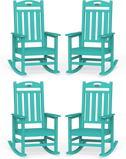 Oversized Rocking Chairs Outdoor Set of 4, High Back Porch Rocking Chair, HDPE All Weather Resistant Patio Chairs, 380lbs Weight Capacity, Lake Blue