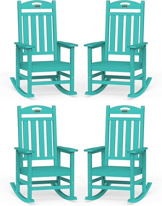 Oversized Rocking Chairs Outdoor Set of 4, High Back Porch Rocking Chair, HDPE All Weather Resistant Patio Chairs, 380lbs Weight Capacity, Lake Blue