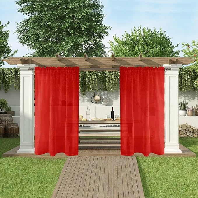 SpaceDresser Waterproof Outdoor Sheer Curtains for Patio - 2 Panels Rod Pocket Indoor Voile Sheer Curtain for Living Room,52W x 108L inch, Red