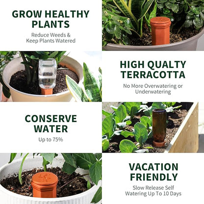 Large Terracotta Watering Spikes with Lids, Automatic Plant Waterer Outdoor | Indoor, Vacation Friendly Clay Plant Watering Devices System, Slow Release Self Watering Planter Insert, 8 Pack