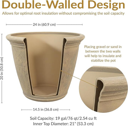 Sunnydaze 24-Inch Anjelica Large Plastic Pot for Plants - Outdoor Double-Walled Large Plastic Planter with Drillable Drainage Holes - Beige