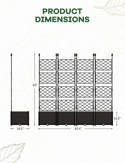 4 PCS Raised Garden Bed with Trellis,63" H Vertical Planter Box with Drainage Holes for Climbing Plants, Patio Privacy Screen & Balcony Garden