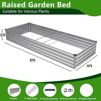 2PCS 8x4x1ft Galvanized Raised Garden Bed Kit, Galvanized Planter Raised Garden Boxes Outdoor, Large Metal Raised Garden Beds for Vegetables,Silver