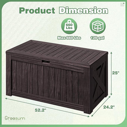 Greesum Outdoor Storage Box 120 Gallon Storage Bin with Lid for Patio Furniture, Garden Tools, Pool Supplies, Lockable, Waterproof and UV Resistant, Dark Brown