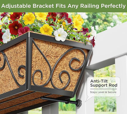 Y&M 30 Inch Window Deck with Coco Liner, Fence Metal Hanging Flower Planter Window Basket Deck Railing Planter Boxes for Outdoor Garden Lawn-Butterfly, 6pcs