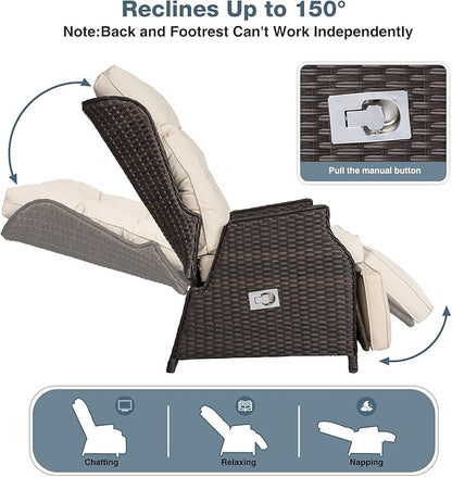 Outdoor Indoor Wicker Recliner with Adjustable Back and Footrest, Patio Reclining Chair with Flip-up Table, Outdoor Rattan Lounge Chair, Beige 2PCS