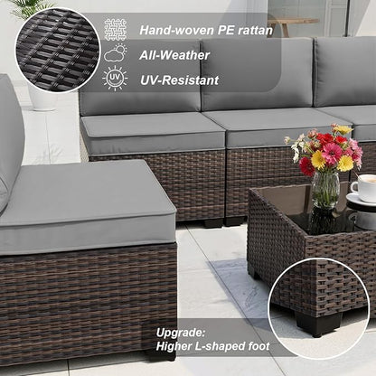 ALAULM Patio Furniture Set with 2 Swivel Chairs, Outdoor Sectional with 55000 BTU Fire Pit Table and Wide Seat, 11 Pieces Wicker Rattan Conversation Set with Coffee Table for Garden, Deck, Grey