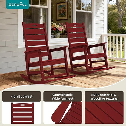 SERWALL Outdoor Rocking Chair, Oversized Rocking Chair with Footrest for Adults, HDPE All Weather Resistant Rocking Chairs for Patio, 350lbs Weight Capacity, Red