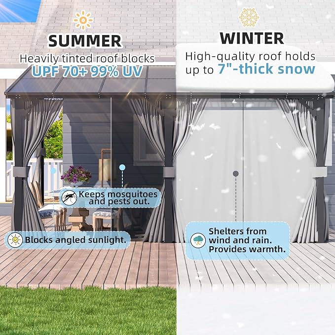 AECOJOY 20' X 12' Gazebo for Patio, Large Wall-Mounted Lean to Pergola Gazebo with Curtains and Netting, 12x20 Hard Top Pergolas and Gazebos on Clearance for Lawn Backyard Garden Deck