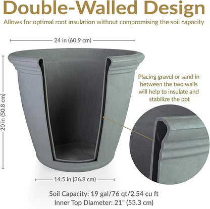 Sunnydaze 24-Inch Anjelica Large Plastic Pot for Plants - Outdoor Double-Walled Large Plastic Planter with Drillable Drainage Holes - Light Gray - 4pk