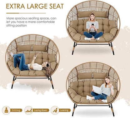 NICESOUL® Double Egg Chair Indoor Outdoor Stationary Oversized Thicken Padded Cushions,2 Person Egg Loveseat Chair, 680 lbs Extra Large Lounge Chair for Patio Balcony Porch Brown