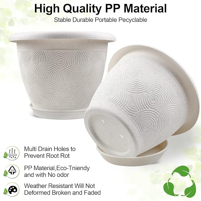 8 Inch Flower Pots Planters for Indoor Outdoor Plants, 4 Pack Plastic Small Plant Pots with Drainage Hole & Tray, Modern Decorative Garden Pot with Saucer, Plant Container for House
