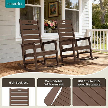 SERWALL Outdoor Rocking Chair, Oversized Rocking Chair with Footrest for Adults, HDPE All Weather Resistant Rocking Chairs for Patio, 350lbs Weight Capacity, Brown